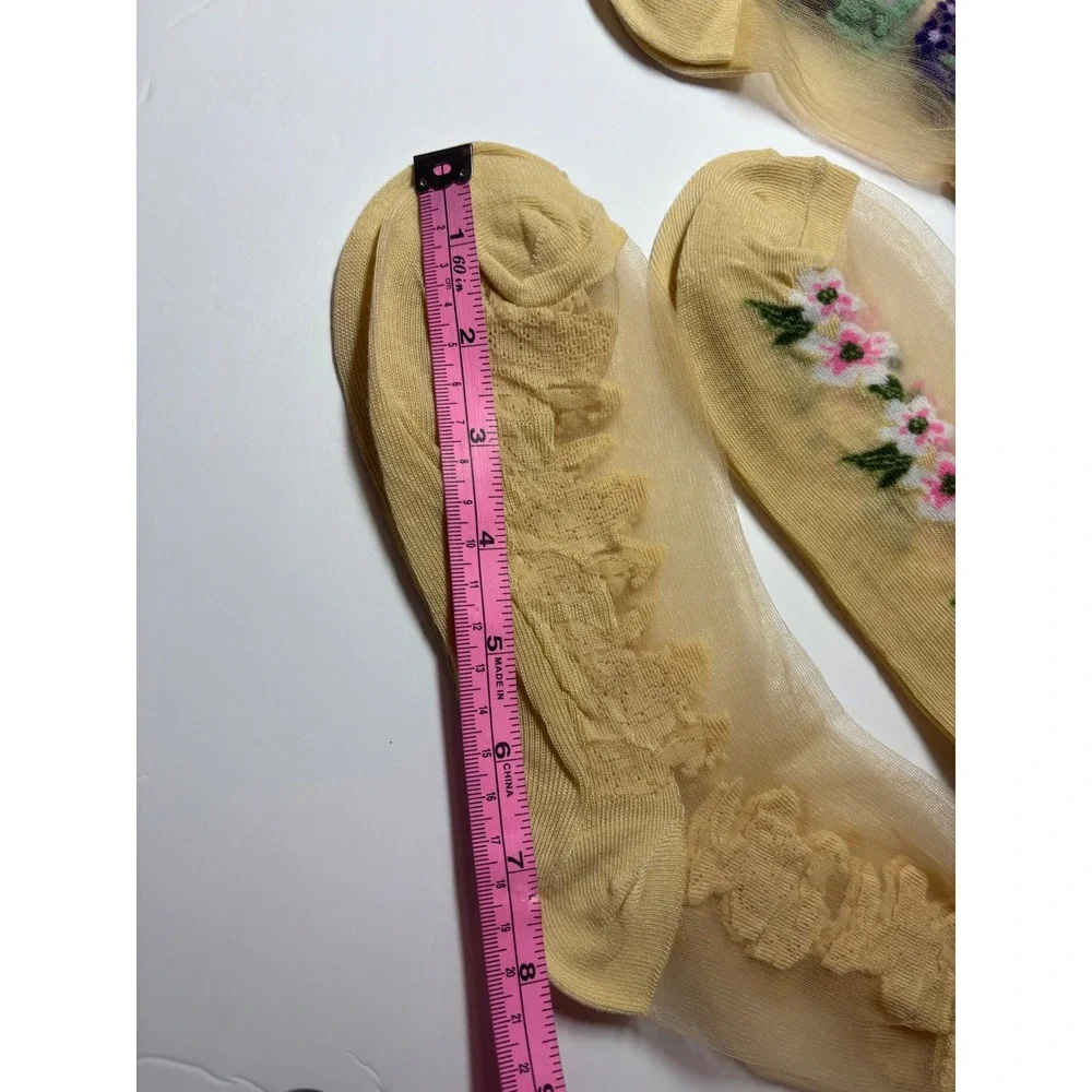 5 Pair Lot Sheer Floral Embroidered Mesh Crew Socks Yellow Cottagecore Bundle